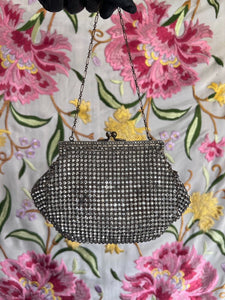 antique vintage 20s 30s prong set rhinestone silvertone frame purse delicate chain wedding