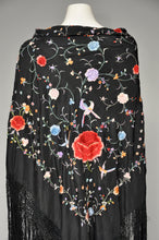 Load image into Gallery viewer, antique 1920s black silk floral fringed shawl ONE SZ
