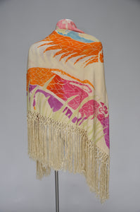 antique 1920s hand painted sea dragon silk shawl with fringe