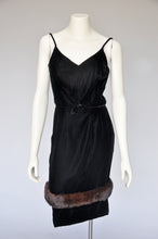 Load image into Gallery viewer, vintage 1950s 60s black velvet &amp; fur dress XS

