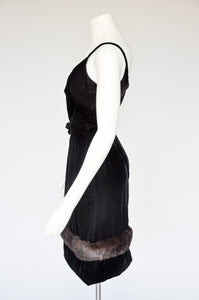 vintage 1950s 60s black velvet & fur dress XS