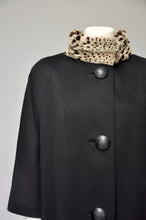 Load image into Gallery viewer, vintage 1950s black coat with leopard print collar S/M/L
