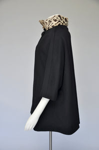 vintage 1950s black coat with leopard print collar S/M/L