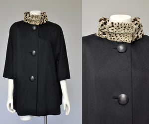 vintage 1950s black coat with leopard print collar S/M/L