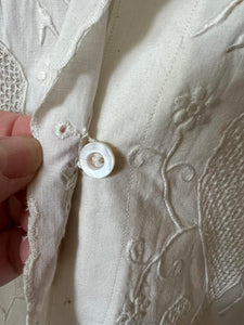 antique teens 1920s white linen embroidered button down shirt S-L