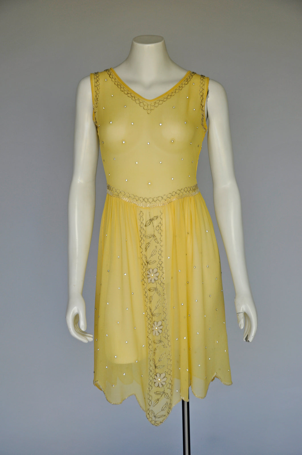 vintage 1920s yellow beaded shift dress XS