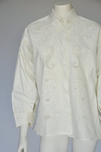antique teens 1920s white linen embroidered button down shirt S-L