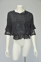 Load image into Gallery viewer, Edwardian black silk floral embroidery blouse XS/S
