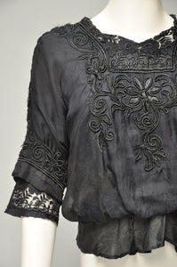 Edwardian black silk floral embroidery blouse XS/S