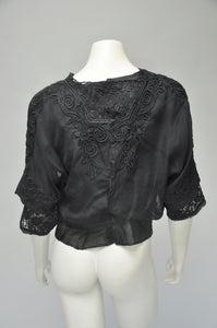 Edwardian black silk floral embroidery blouse XS/S