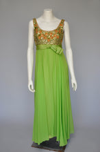 Load image into Gallery viewer, 1960s bright green and gold chiffon party dress XS/S
