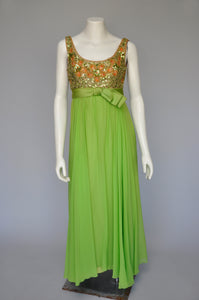 1960s bright green and gold chiffon party dress XS/S