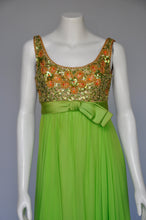 Load image into Gallery viewer, vintage 1960s bright green and gold chiffon party dress XS/S
