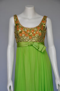 vintage 1960s bright green and gold chiffon party dress XS/S