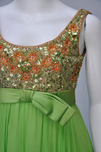 Load image into Gallery viewer, vintage 1960s bright green and gold chiffon party dress XS/S
