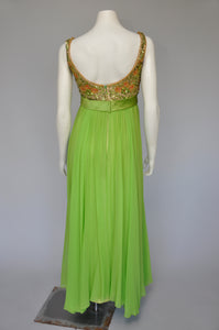 1960s bright green and gold chiffon party dress XS/S