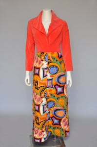 vintage 1960s 70s psychedelic quilted maxi dress w/ velvet top S/M