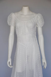 Vintage 1930s white organza sheer dress w/ floral embroidery wedding M