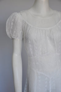 Vintage 1930s white organza sheer dress w/ floral embroidery wedding M