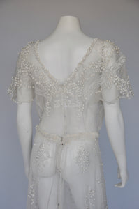 antique 1900s Edwardian net dress w/ felted wool beading wedding S/M