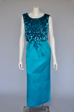 Load image into Gallery viewer, Vintage 1960s Silk Aqua Blue Party Dress w/ Sequin Top XS/S

