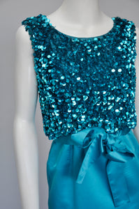 Vintage 1960s Silk Aqua Blue Party Dress w/ Sequin Top XS/S