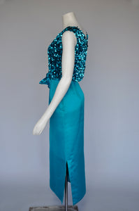 Vintage 1960s Silk Aqua Blue Party Dress w/ Sequin Top XS/S