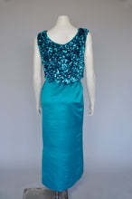 Load image into Gallery viewer, Vintage 1960s Silk Aqua Blue Party Dress w/ Sequin Top XS/S
