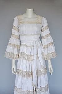 vintage 1960s white pleated Mexican wedding dress w/ angel sleeves XS