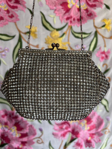 20s 30s prong set rhinestone silvertone frame purse delicate chain wedding