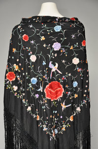 antique 1920s black silk floral fringed shawl ONE SZ
