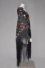 Load image into Gallery viewer, antique 1920s black silk floral fringed shawl ONE SZ
