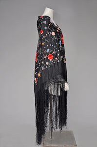 antique 1920s black silk floral fringed shawl ONE SZ