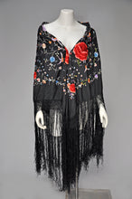 Load image into Gallery viewer, 1920s black silk floral fringed shawl ONE SZ
