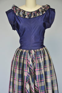 1940s plaid taffeta party dress S