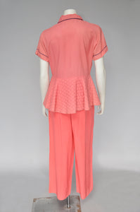 vintage 1940s coral pink two piece loungewear set XS-S