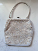 Load image into Gallery viewer, vintage 1950s beaded wedding purse with handle and blue stone
