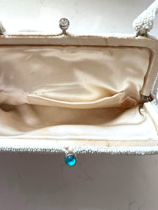 1950s beaded wedding purse with handle and blue stone