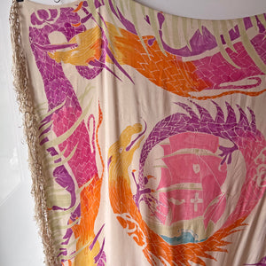 1920s hand painted sea dragon silk shawl with fringe